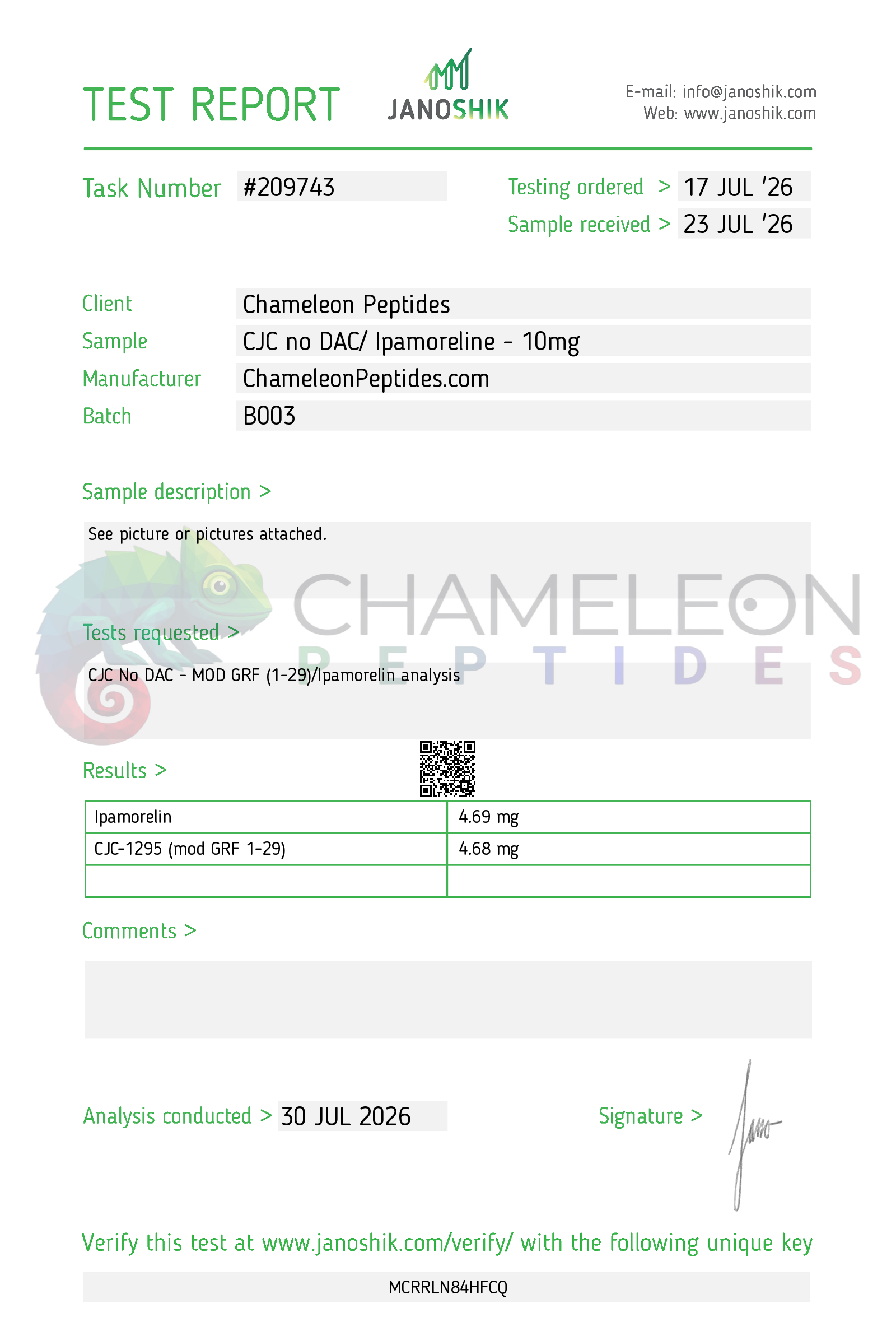 CJC-1295 no DAC plus Ipamorelin 10mg Batch B003 Janoshik identity and amount report