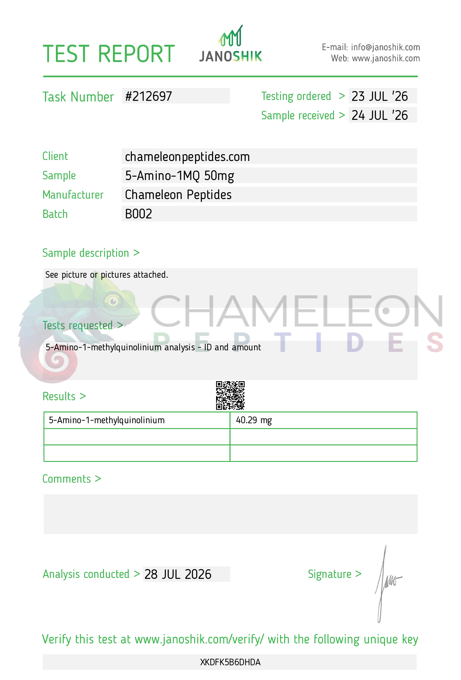 5-Amino-1MQ 40mg Batch B002 Janoshik identity and amount report