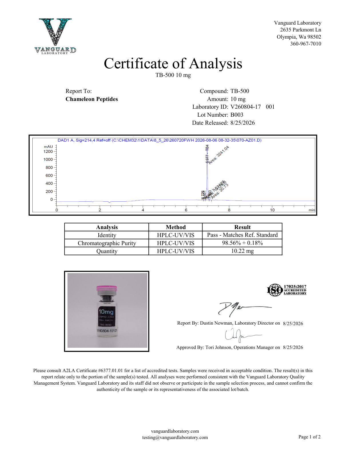 Vanguard Laboratory full-panel COA for TB-500 10mg Batch B003B