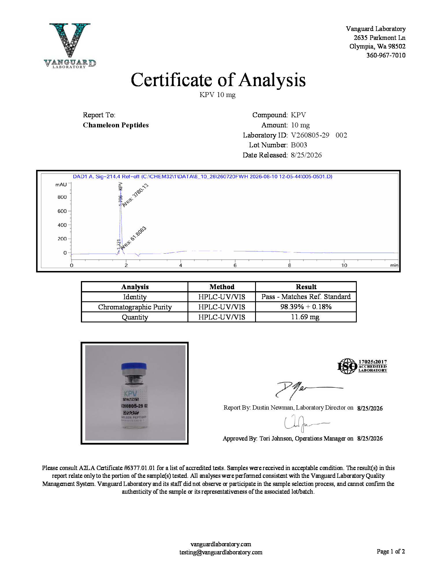 Vanguard Laboratory full-panel COA for KPV 10mg Batch B003