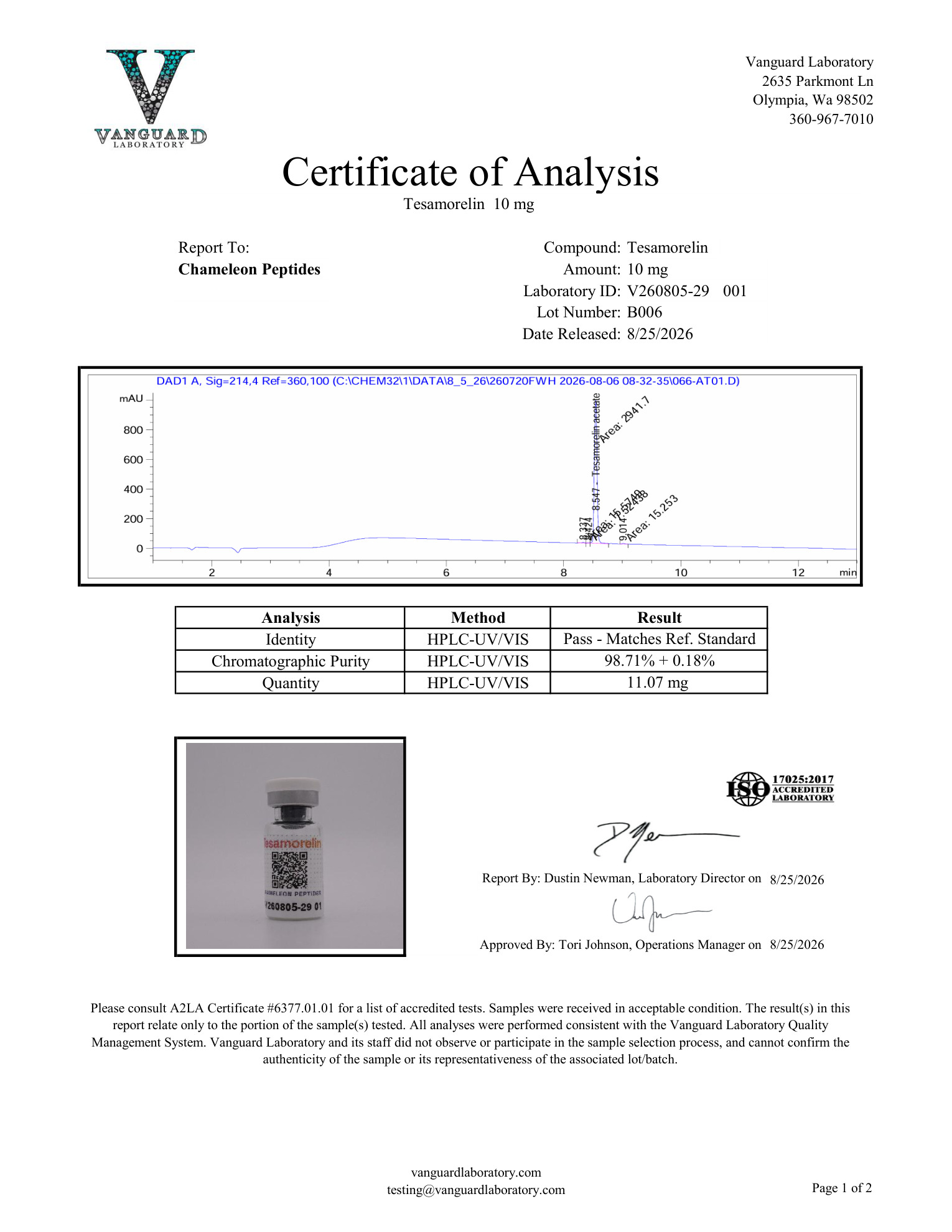 Vanguard Laboratory full-panel COA for Tesamorelin 10mg Batch B006