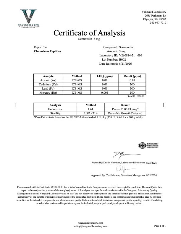 Vanguard Laboratory full-panel COA for Sermorelin 5mg Batch B002