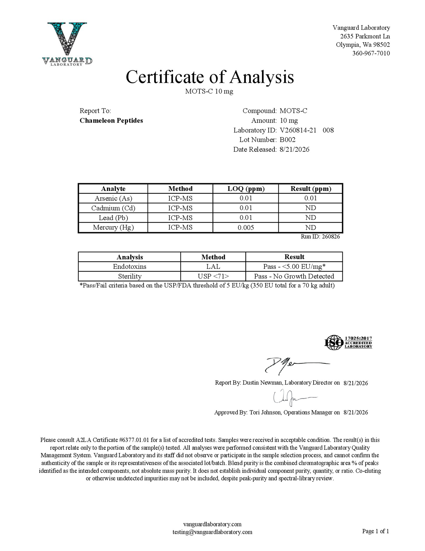 Vanguard Laboratory COA for MOTS-C 10mg Batch B002