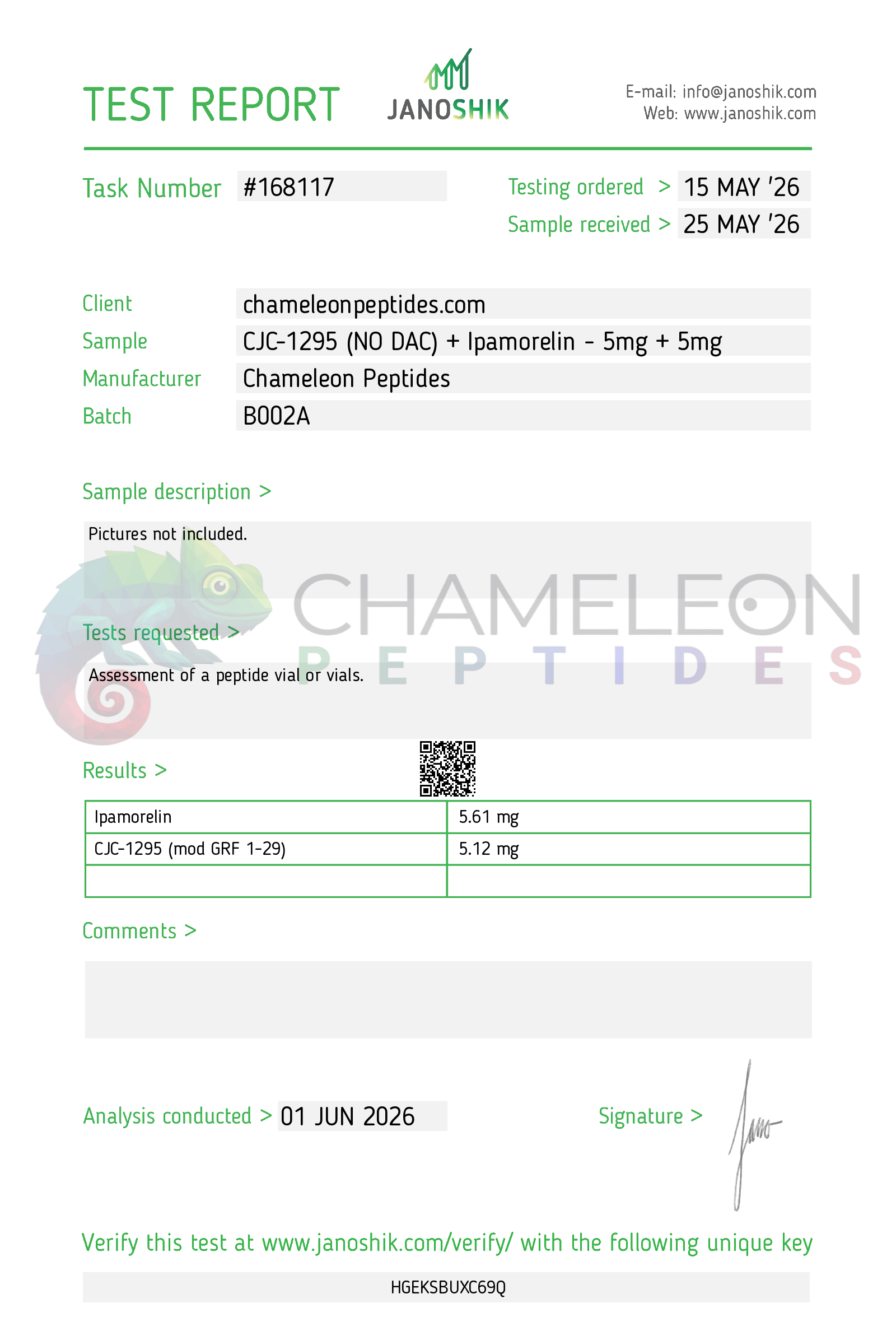 CJC-1295 NO DAC plus Ipamorelin Batch B002A ID amount Janoshik report