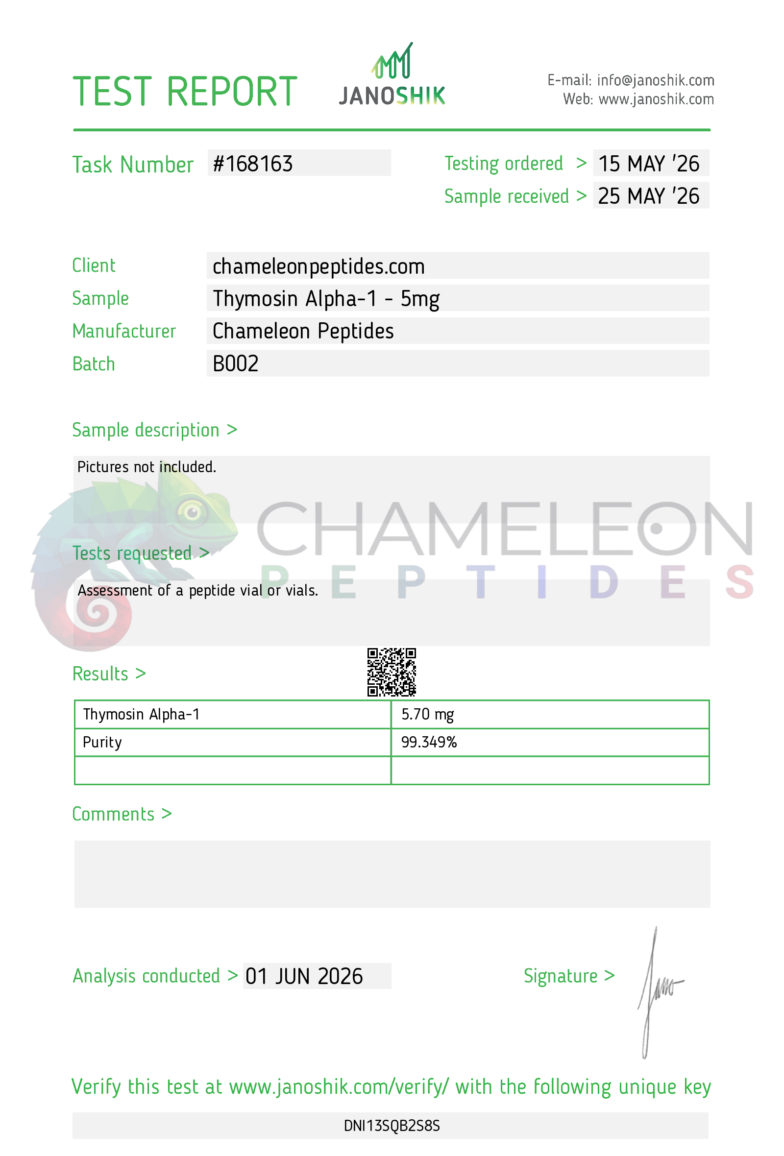 Thymosin Alpha-1 Batch B002 ID amount purity Janoshik report