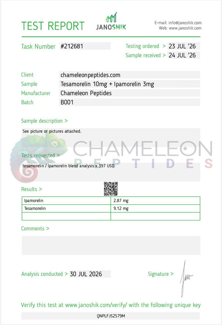 Tesamorelin 10mg plus Ipamorelin 3mg Batch B001 Janoshik identity and amount report