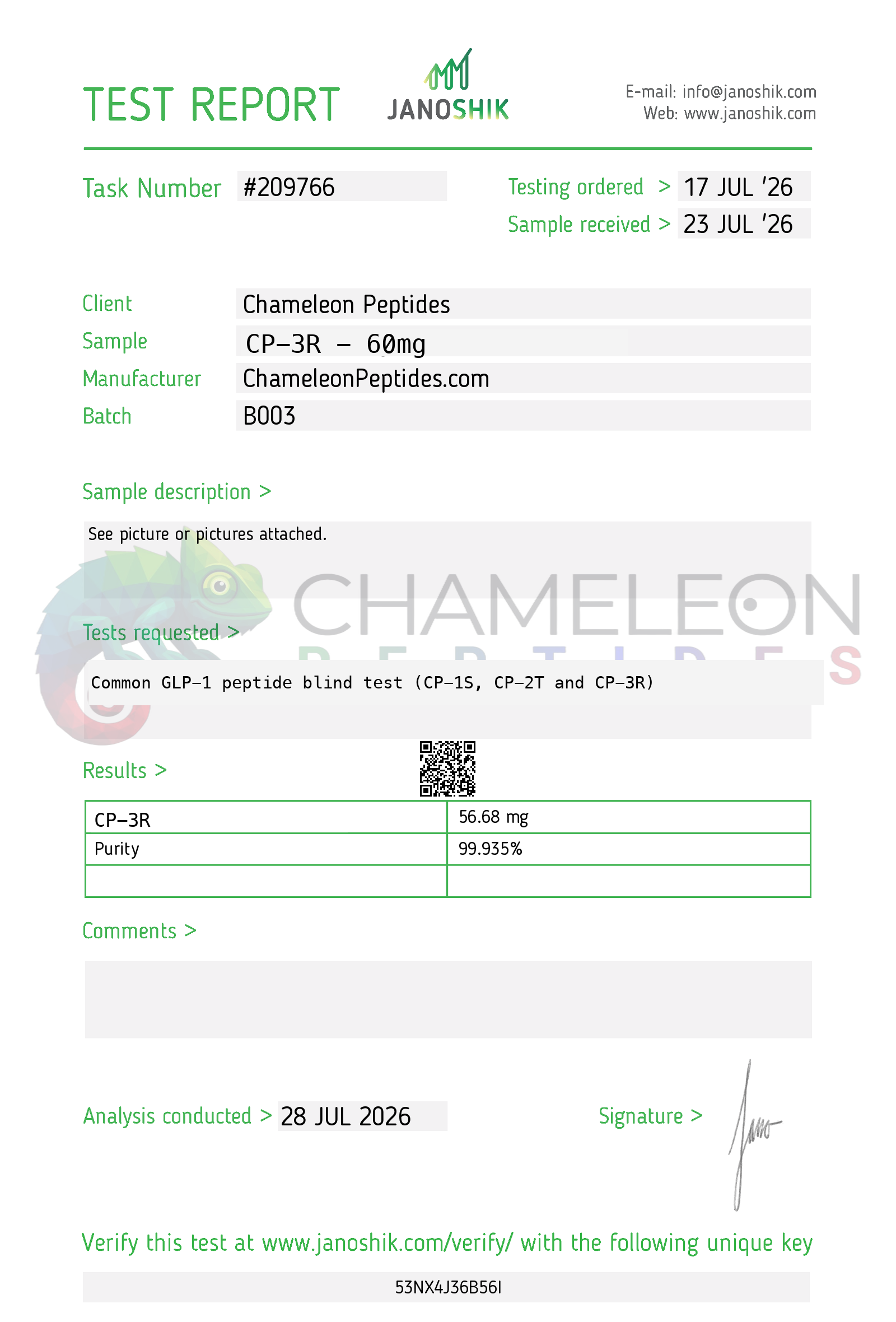CP-3R 60mg Batch B003 Janoshik COA showing 99.935 percent purity