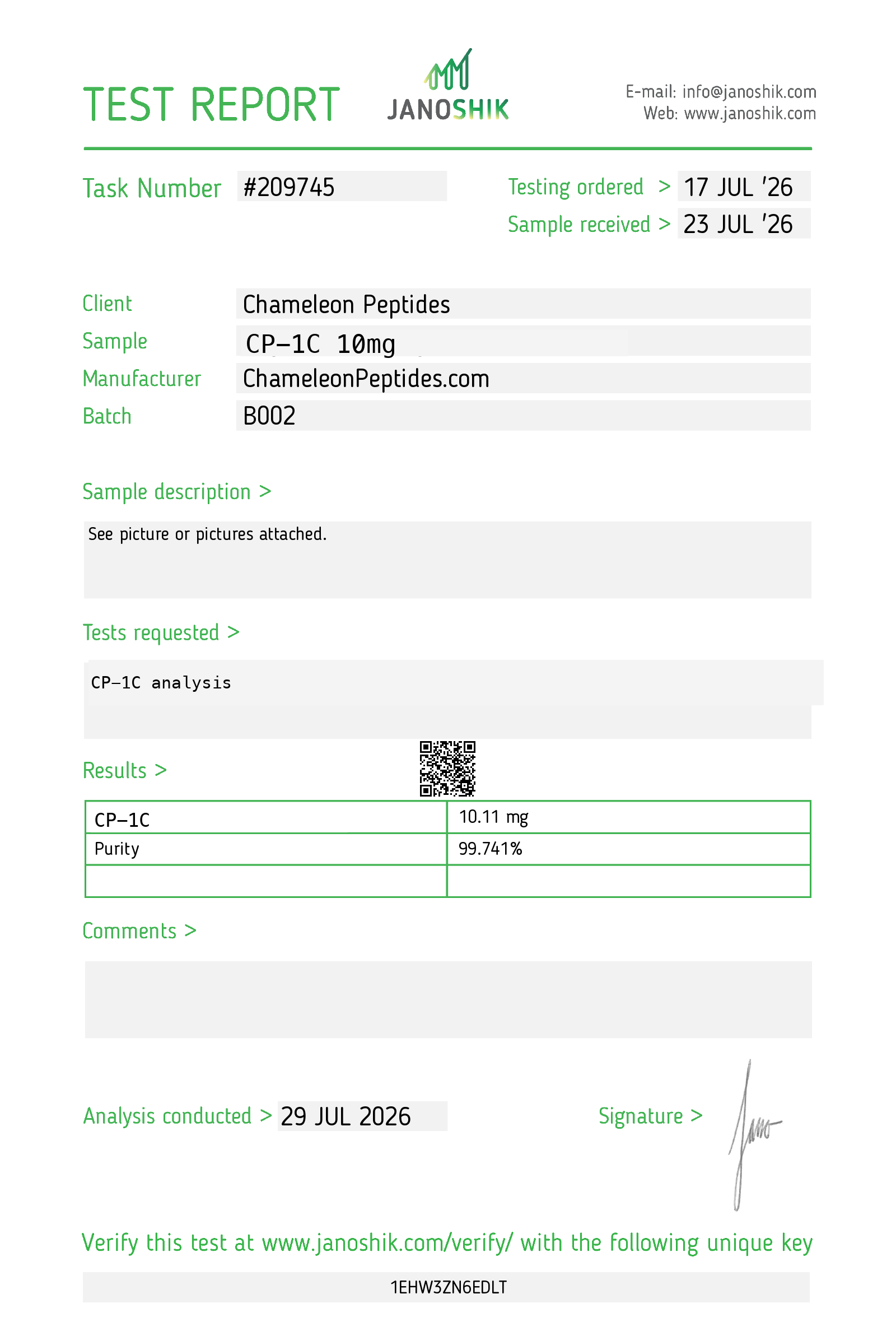 CP-1C 10mg Batch B002 Janoshik COA showing 99.741 percent purity
